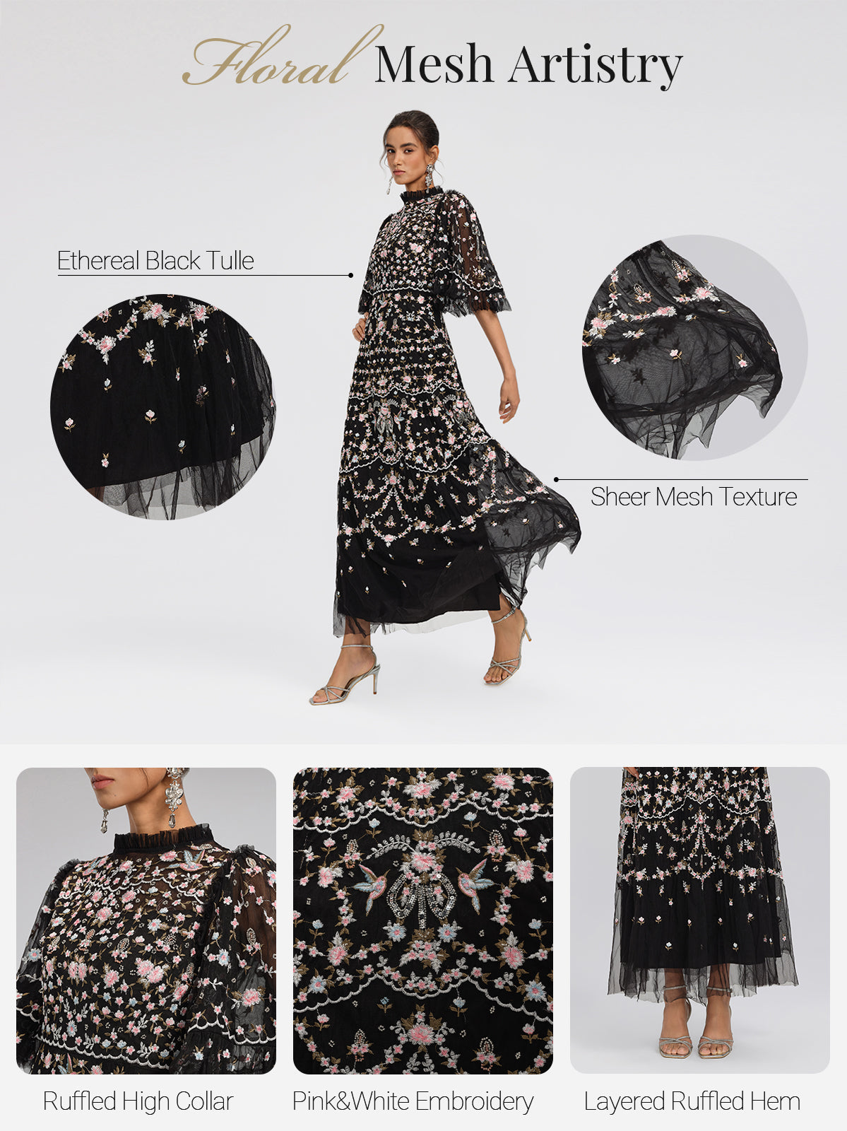 Robe en tulle brodée florale à volants VIOLETTE